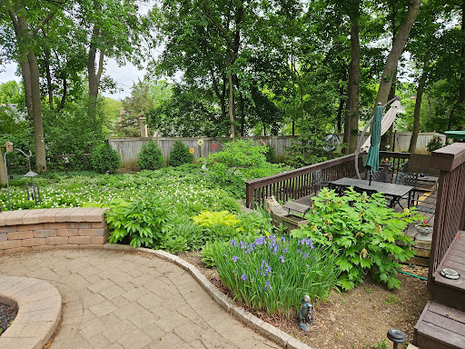 Curved paver patio bordered by iris and a lush perennial bed